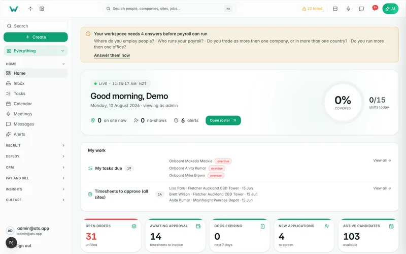 Workhr staff console — live demo